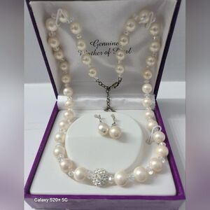 Genuine Mother Of Pearl Necklace And Earrings Set  With Beads Silver Plated New